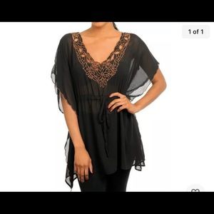 Sexy Black S Drawstring Semi-Sheer Caftan Style Cleavage Top Cut out Trim Glam